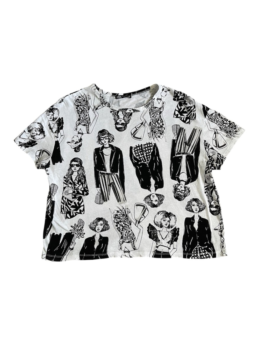 Zara Black & White Illustration Print Short Sleeve Tee